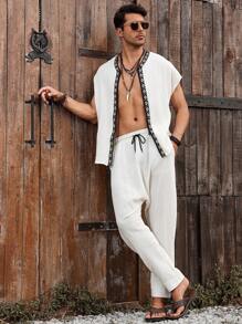 Genlund Conjunto de camisa y pantalones casuales con estampado geométrico de retazos para hombre - Beis - Ver 6
