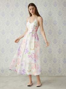 SHEIN MOD Women Spring Floral Print Organza Dress, Bachelorette Backles Sexy Sheer Elegant Dress For Party Wedding Guest,Tea Party, Modest Club Outfit - Multicolor - View 4