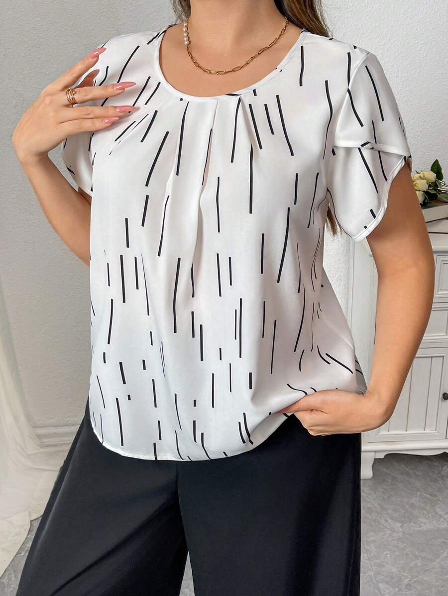 SHEIN Privé Plus Size Women Elegant Office Commuter Intellectual Round Neck Ruffle Sleeve Short Sleeve Summer Blouse Geometric Striped Black & White Contrast Artistic Printed Women Top, Loose Short Sleeve - Black and White - View 1