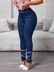 SHEIN Essnce Quần Jeans Denim Ôm Vừa Cạp Cao Cho Nữ - Rửa tối - Xem 1