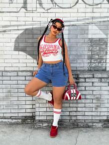 SHEIN ICON Plus Size Women Casual Cargo Pockets High Waist Denim Shorts