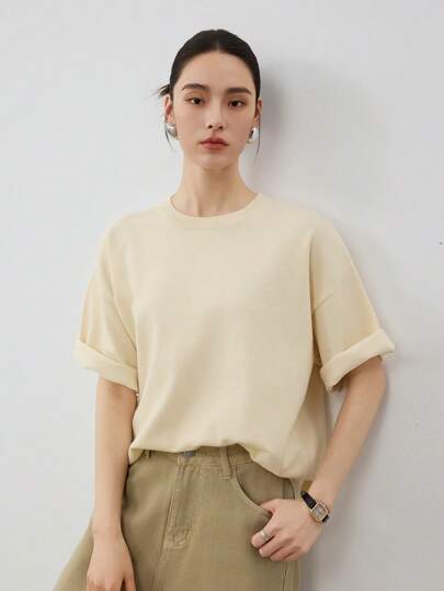 Dazy-Less 女士休闲纯色宽松简约短袖套头针织毛衣老款风格