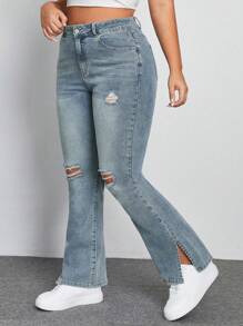 SHEIN ICON Plus Ripped Split Hem Flare Leg Jeans
