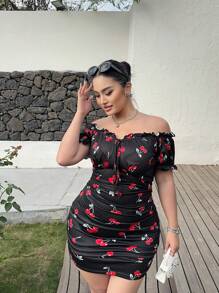 Sunnyshic 大码浪漫樱桃印花露肩收腰紧身连衣裙，度假