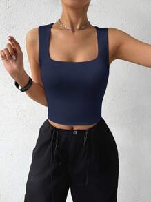 Siren Gaze 女士方领短款基本纯色背心 - 藏蓝色 - 查看 6