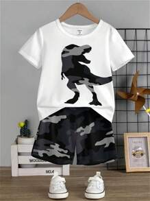 SHEIN 2pcs Camouflage Dinosaur Print Casual Crew Neck Short Sleeve T-Shirt And Shorts Set For Young Boys, Summer