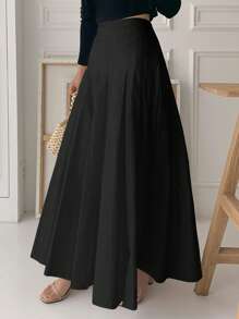 DAZY Women's Black Pleated A-Line Skirt, Suitable For All Seasons, Autumn