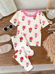 SHEIN Young Girl Floral Print Casual Minimalist Snug Fit Round Neck Short Sleeve Top And Long Pants Sleepwear, Suitable For All Seasons - Multicolor - View 2