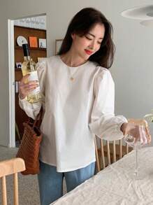DAZY Women Solid Color Daily Wear Puff Sleeve Blouse,Fall Clothes Long Sleeve Top - White - View 5