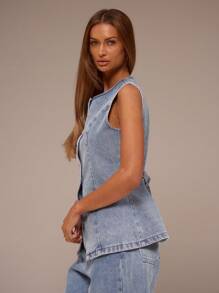 MUSERA Áo khoác gile denim cài nút, phong cách mùa xuân hè, dễ thương thập niên 90, Y2K, Ibiza, miền Tây, thời trang đường phố, công sở, đi học, mùa đông, Nashville, thường ngày, sành điệu mùa đông. - Rửa nhẹ - Xem 2