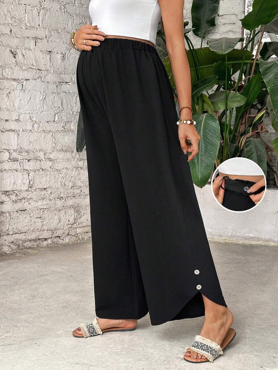 SHEIN Solid Color Asymmetrical Hem Decor Button Maxi Maternity Pants