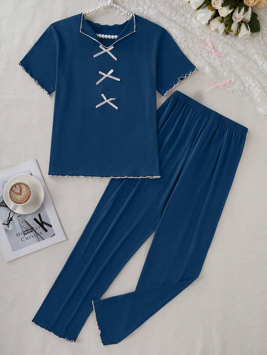 SHEIN Casual Blue Short Sleeve, Bow Decor, Ruffle Hem, Lightweight, Soft Milk Silk Pants Set, Comfy House Outfit For Tween Girls, Spring/Summer/Autumn Bowknot
