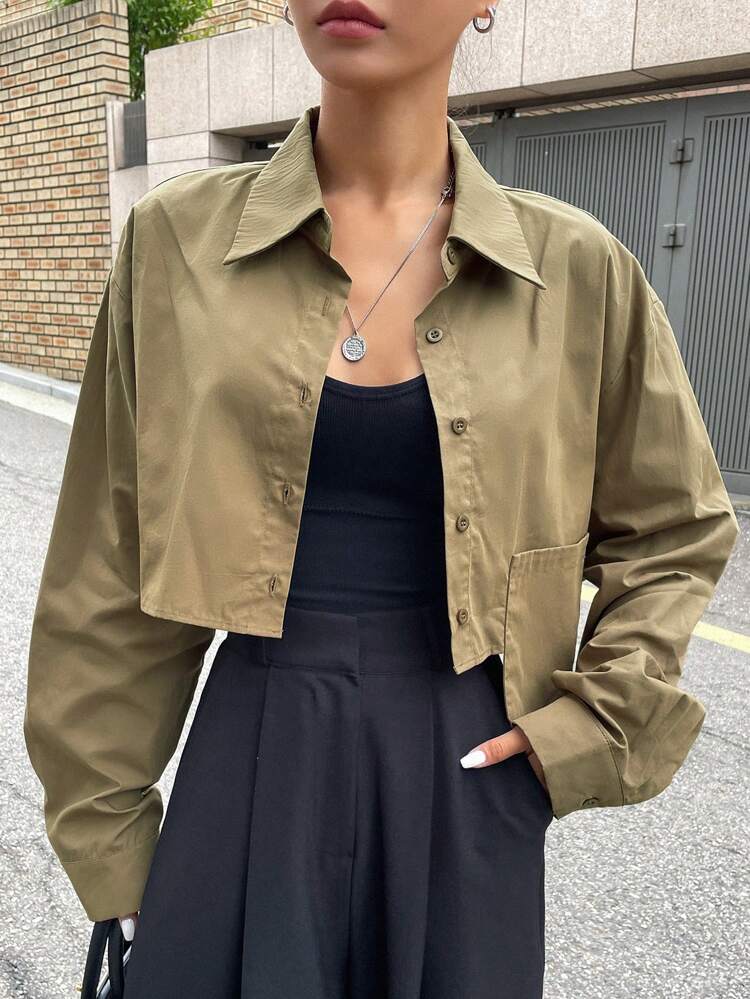 Solid Button Front Crop Shirt,Long Sleeve Tops,Fall Women Clothes