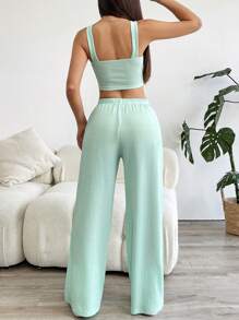 SHEIN EZwear 纯色短款吊带背心和阔腿裤两件套 - 薄荷綠 - 查看 2
