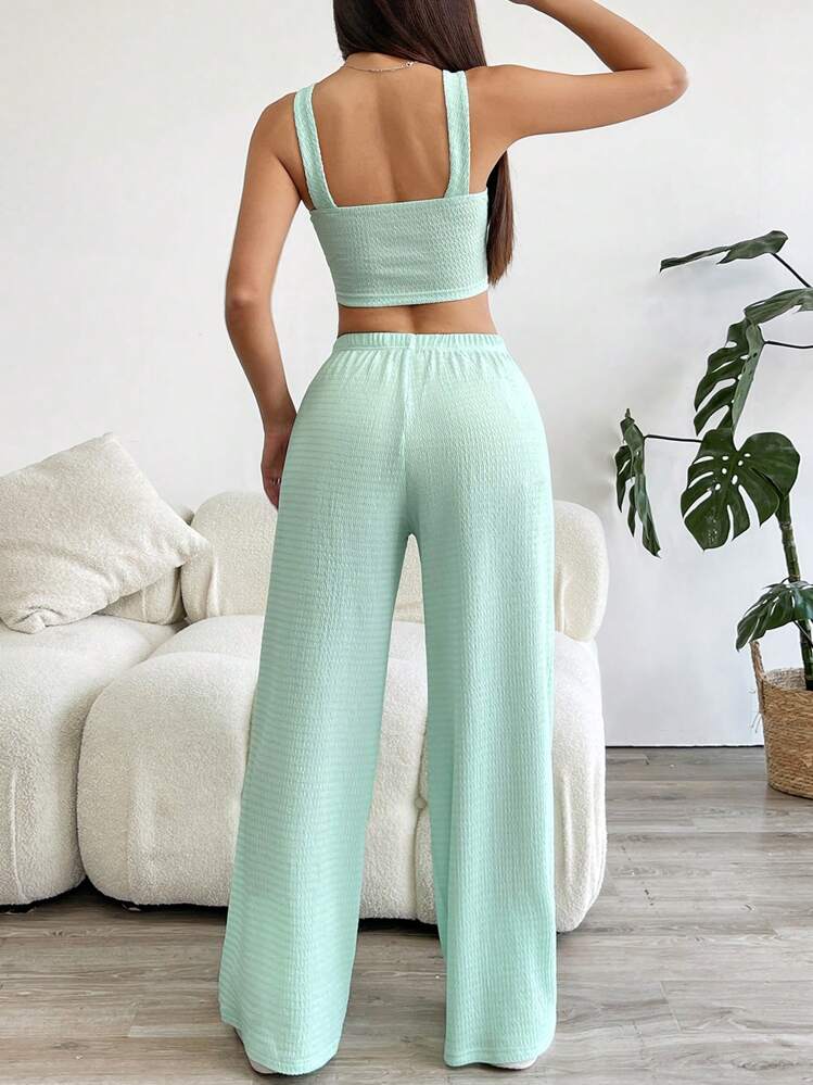 SHEIN EZwear Bộ áo ba lỗ crop top và quần ống rộng hai mảnh - Màu xanh Bạc hà - Xem 2