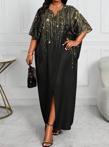 SHEIN Lady Robe longue ample à encolure cache-cœur et manches chauve-souris avec imprimé scintillant pour femmes