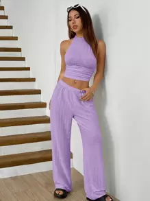 SHEIN EZwear 淡紫色针织女士休闲紧身两件套 - 紫丁香色 - 查看 3