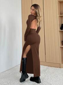 SHEIN Muchic Vestido largo ajustado de color café sólido de mujer con abertura alta, mangas largas y espalda descubierta, para uso casual. Falda larga y sexy de cuello alto para uso en la calle - Café integral - Ver 2