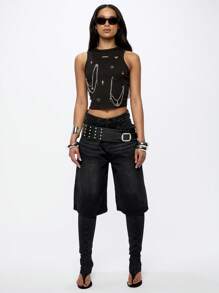 SUMWON WOMEN Wide Leg Denim Jorts Shorts, High Waist Jorts With Vintage Wash, Casual Loose Fit Street Style Culotte Length Fashion Bottoms With Side Pockets - Black - View 3