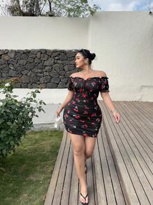 Sunnyshic 大码浪漫樱桃印花露肩收腰紧身连衣裙，度假