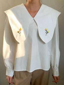 DAZY Floral Embroidery Statement Collar Lantern Sleeve Blouse Long Sleeve Top