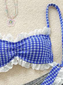 Swim Mod Blue Plaid Ruffled Spaghetti Strap Cute Swimwear Set For Women, Summer Beach Outfit - Blue - View 3