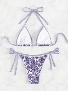 SHEIN Swim Springbreak Women's Beach Flower Print Bikini Set For Summer Beach Vacation - Purple - View 2