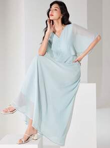 Heiryn Vestido largo elegante de unicolor con parches de malla y volantes en el bajo - Azul menta - Ver 3