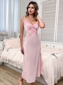 Lace Trim V-Neck Side Slit Cami Maxi Nightgown - Baby Pink - View 6