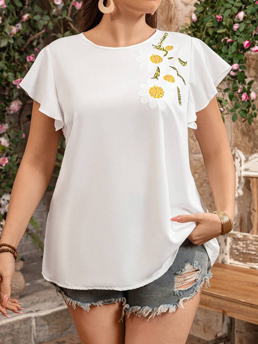 SHEIN LUNE 大码女式花卉印花荷叶边圆领衬衫，女士夏季服装圣帕特里克节狂欢服装节日春假服装圣帕特里克波西米亚风