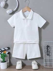 SHEIN 2pcs Young Boy Casual Half-Zipper Ribbed Top And Shorts Set, Versatile And Comfortable For Summer, Suitable For Outings And Various Occasions, School, Campus, College