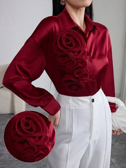 Modelyn 优雅纯色贴布长袖女式衬衫