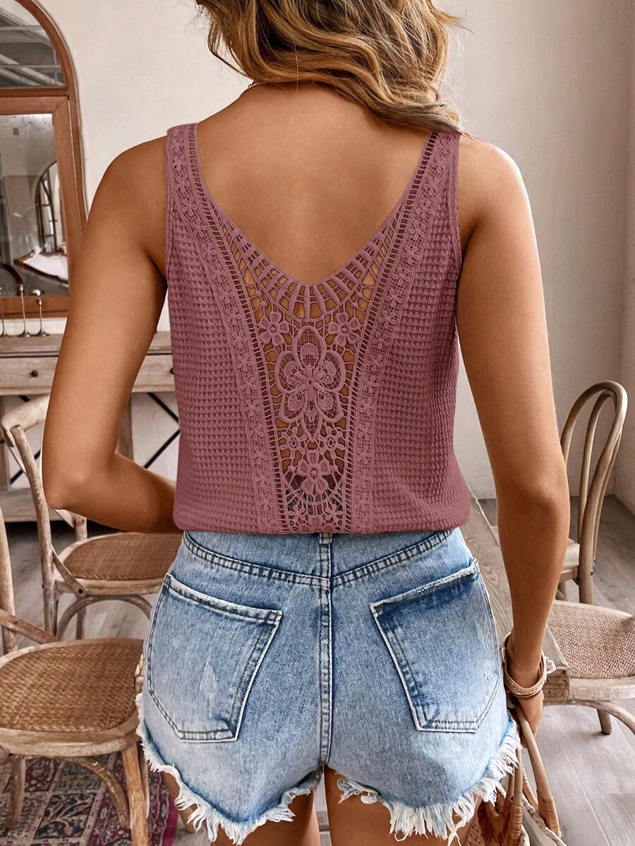 SHEIN Frenchy Women's Lace Patchwork Textured Fabric Camisole Tank Top Summer Casual - Rusty Rose - View 1