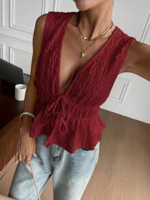 Serisse Áo ba lỗ dây buộc họa tiết trơn đơn giản dành cho nữ - Màu Đỏ Sâu - Xem 6