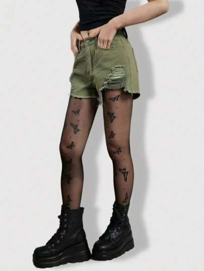 Goth Pantimedia con estampado de mariposa, estilo minimalista, linda y sexy