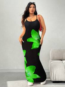 SHEIN EZwear Váy thường ngày in hoa đỏ cỡ lớn, tối giản và thời trang cho mùa thu/đông - màu xanh lá - Xem 5