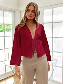 SHEIN VCAY Blusa de corte holgado, manga acampanada, ajuste regular, de tela tejida casual para mujer - Burdeos - Ver 5