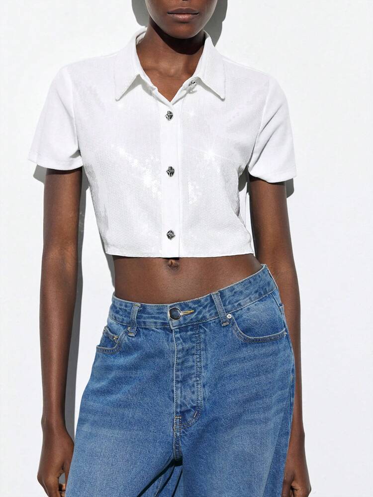 SHEIN Maija 2025 Summer New Arrival White Sequin Accent Front Open Cardigan With Metal Button Design, Versatile Beach, Casual, Vacation, City, Party, Wedding Guest - Graduation Season