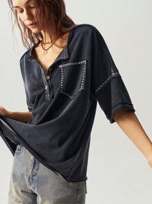 Bohemela 休闲纯色针织短袖部分拉链宽松水洗大码 T 恤 - 黑色 - 查看 7