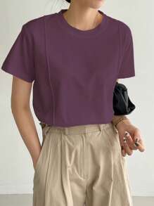 Dazy-Less Solid Color Round Neck Short Sleeve T-Shirt Summer Preppy Tops Business Casual Woman Work Clothes - Red Violet - View 2