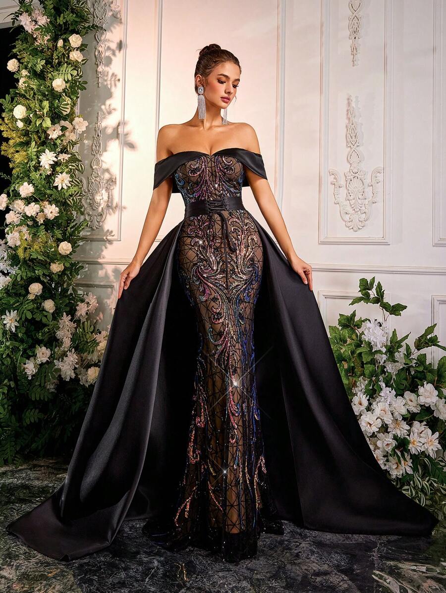 Glamrae 优雅奢华露肩亮片花卉拼接缎面长裙，婚礼宾客礼服，适合婚礼、单身派对、度假、舞会、正式场合、派对礼服、晚礼服、长袍 - 黑色 - 查看 1
