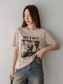 Dazy-Less 宽松短袖 T 恤，人物和字母印花，夏季，图案 T 恤，学院风上衣