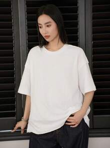 Dazy-Less Loose Simple Short Sleeve Women Solid Color Round Neck Casual T-Shirt - White - View 8