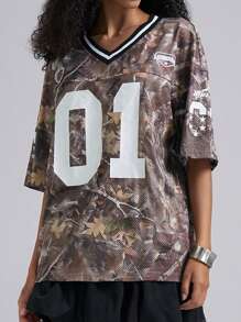 Easelle Summer Sport Women's Casual V-Neck Loose Fit Letter & Number Print Short Sleeve Knitted Mesh Jersey T-Shirt For Ball Games 2025 New Arrival