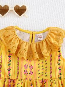 Cozy Pixies 2pcs Girl Floral Print Crew Neck Top With Ruffle And Elasticated Waist Pants Set