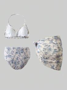 Teen Girls Bikini Sets Fashion, Leisure, Elegant Blue Flower Knitted Bikini 3 Pieces Set With Mesh Skirt Strap, Embracing Craftsmanship, Thin Style Suitable For Vacation, Summer Swimming - Multicolor - View 8