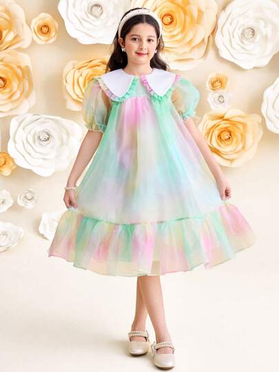 SHEIN Leap Crew 青少年女孩宽松可爱翻领渐变色欧根纱短袖 A 字形连衣裙