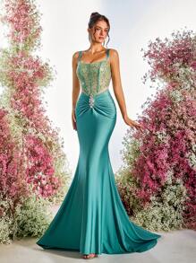 Glamrae 优雅奢华水钻装饰亮片拼接弹性针织面料褶饰美人鱼长裙，适合婚礼、派对、夜总会、度假胜地、派对礼服、婚礼宾客礼服、正式礼服、晚礼服、长袍 - 軍綠色 - 查看 7