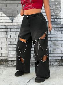SHEIN ICON Black Rivet Chain Hollow Non-Stretch Denim Jeans