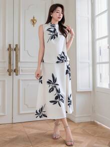 DAZY Women's Tropical Plant Print 2-Piece Set Chiffon Halter Top And A-Line Skirt - White - View 6